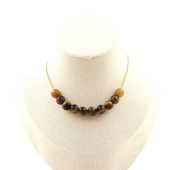 Tiger's Eye 8 mm 10 beads necklace. Golden stainless steel chain