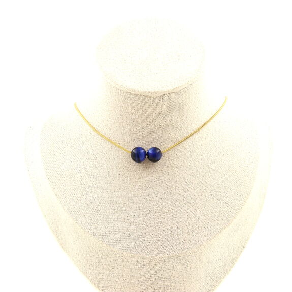 Blue Tiger's Eye 8 mm 2 beads necklace. Golden stainless steel chain
