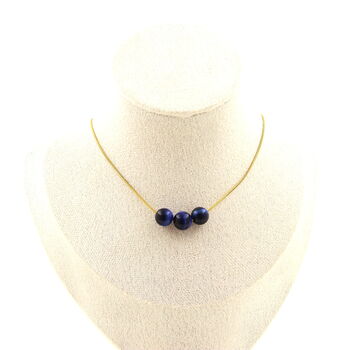 Blue Tiger's Eye 8 mm 3 beads necklace. Golden stainless steel chain