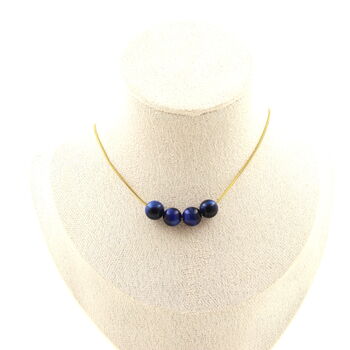 Blue Tiger's Eye 8 mm 4 beads necklace. Golden stainless steel chain