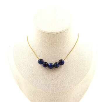 Blue Tiger's Eye 8 mm 5 beads necklace. Golden stainless steel chain