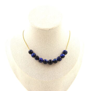 Blue Tiger's Eye 8 mm 10 beads necklace. Golden stainless steel chain
