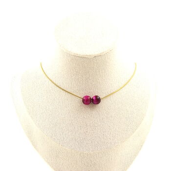 Fuschia Tiger's Eye 8 mm 2 beads necklace. Golden stainless steel chain