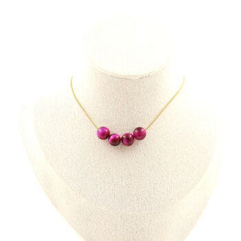 Fuschia Tiger's Eye 8 mm 4 beads necklace. Golden stainless steel chain