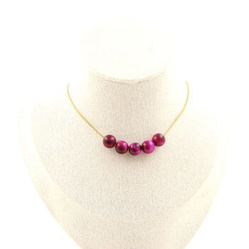 Fuschia Tiger's Eye 8 mm 5 beads necklace. Golden stainless steel chain