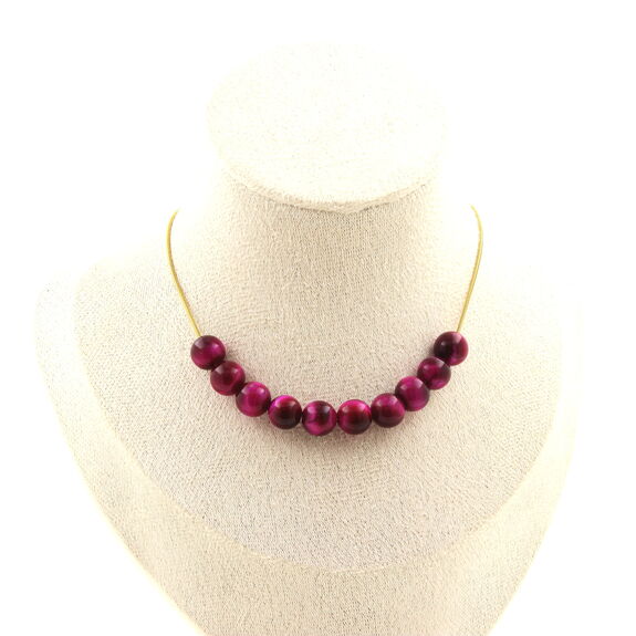 Fuschia Tiger's Eye 8 mm 10 beads necklace. Golden stainless steel chain