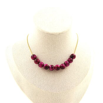 Fuschia Tiger's Eye 8 mm 10 beads necklace. Golden stainless steel chain