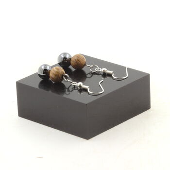 Boucles D'oreilles 2 Perles Hématite + bois 8 mm en acier inoxydable.