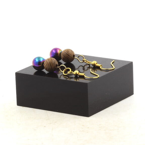 Golden Stainless steel Earrings Multicolored Hematite + wood 8 mm 2 Beads.