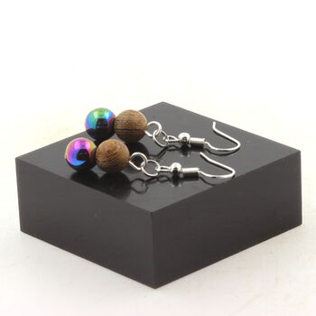 Stainless steel Earrings Multicolored Hematite + wood 8 mm 2 Beads.