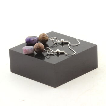 Stainless steel Earrings Charoite from Russia + wood 8 mm 2 Beads.