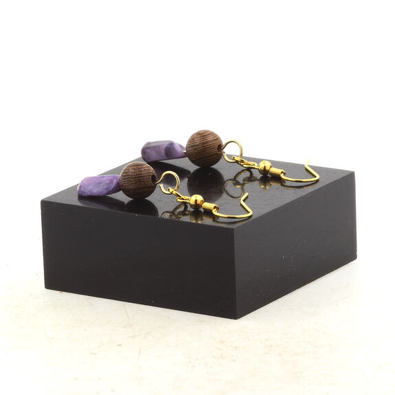 Golden Stainless steel Earrings Charoite from Russia + wood 8 mm 2 Beads.