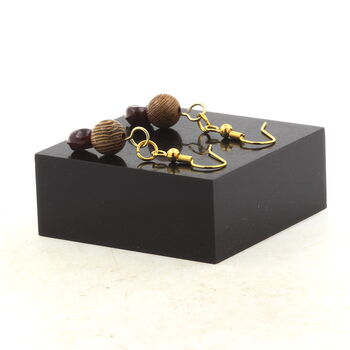 Golden Stainless steel Earrings Garnet from Mozambique + wood 8 mm 2 Beads.