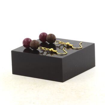 Golden Stainless steel Earrings Garnet + wood 8 mm 2 Beads.