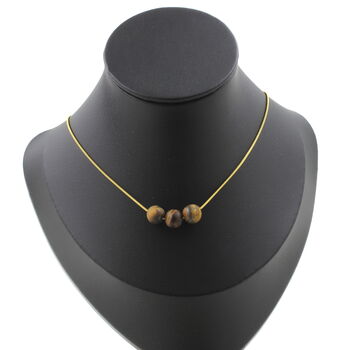Matte Tiger's Eye 8 mm 3 beads necklace. Golden stainless steel chain