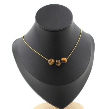 Tiger's Eye 10 mm 3 beads necklace. Golden stainless steel chain