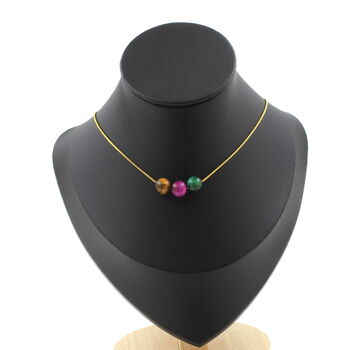 Multicolored Tiger's Eye 8 mm 3 beads necklace. Golden stainless steel chain