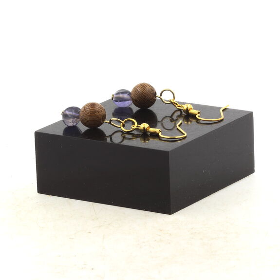 Golden Stainless steel Earrings Cordierite Iolite from Madagascar + wood 8 mm 2 Beads.