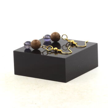 Golden Stainless steel Earrings Cordierite Iolite from Madagascar + wood 8 mm 2 Beads.