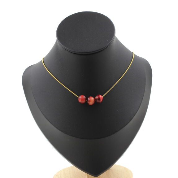 Two-tone peach Tiger's Eye 8 mm 3 beads necklace. Golden stainless steel chain