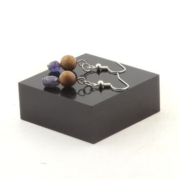 Stainless steel Earrings Cordierite Iolite from Madagascar + wood 8 mm 2 Beads.