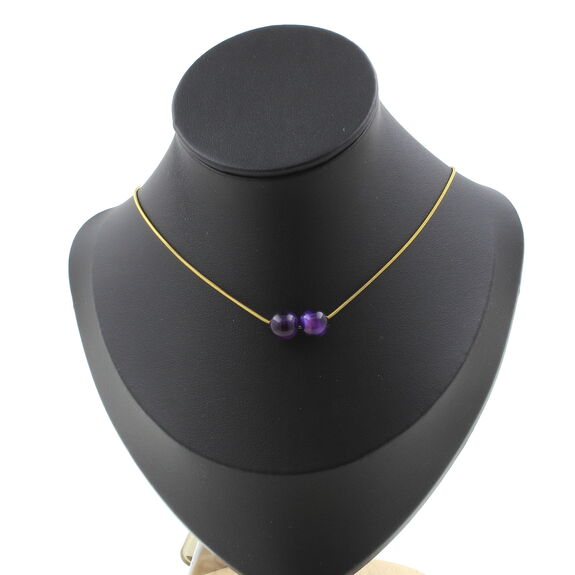 Purple Tiger's Eye 8 mm 2 beads necklace. Golden Stainless steel chain