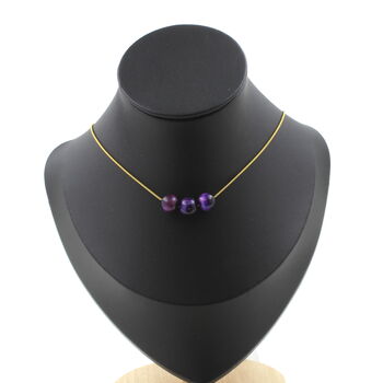 Purple Tiger's Eye 8 mm 3 beads necklace. Golden stainless steel chain