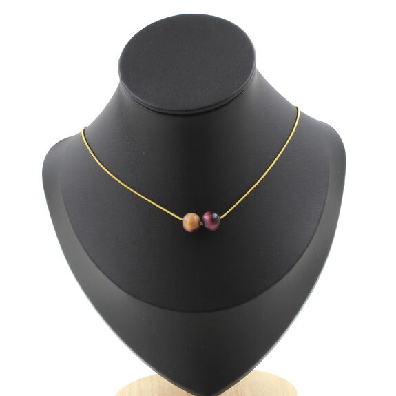 Two-tone Purple Tiger's Eye 8 mm 2 beads necklace. Golden Stainless steel chain