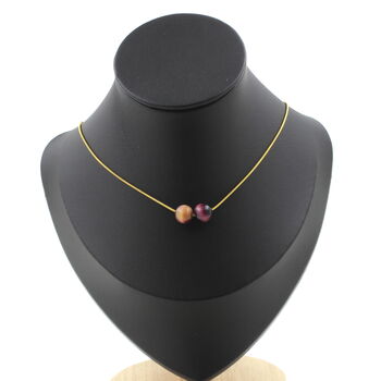Two-tone Purple Tiger's Eye 8 mm 2 beads necklace. Golden Stainless steel chain