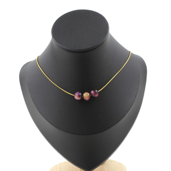 Two-tone Purple Tiger's Eye 8 mm 3 beads necklace. Golden stainless steel chain