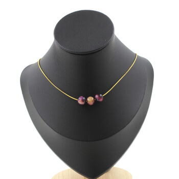 Two-tone Purple Tiger's Eye 8 mm 3 beads necklace. Golden stainless steel chain