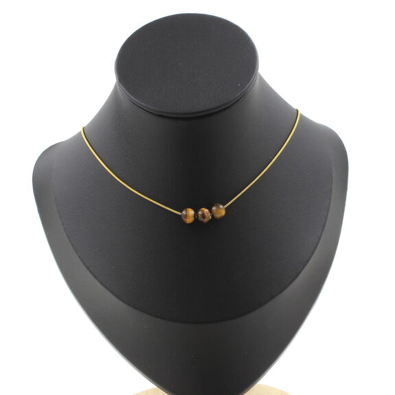 Tiger Eye 6 mm 3 beads necklace. Golden stainless steel chain