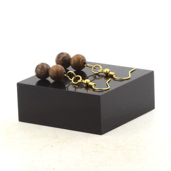 Golden Stainless steel Earrings Leopard Jasper + wood 8 mm 2 Beads.