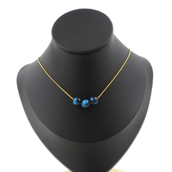 Light blue Tiger's Eye 8 mm 3 beads necklace. Golden stainless steel chain