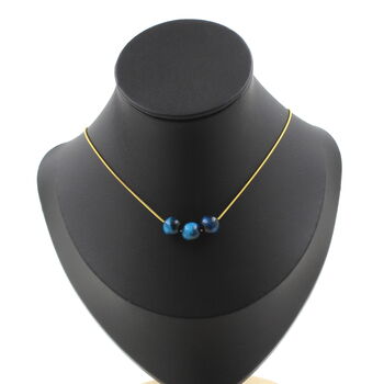 Light blue Tiger's Eye 8 mm 3 beads necklace. Golden stainless steel chain