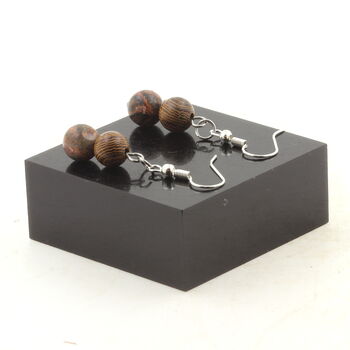 Boucles D'oreilles 2 Perles Jaspe Léopard + bois 8 mm en acier inoxydable.