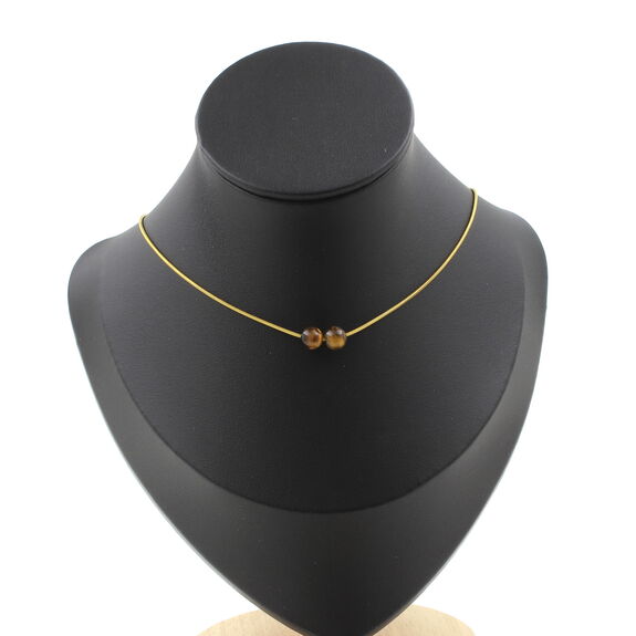 Tiger Eye 6 mm 2 beads necklace. Golden Stainless steel chain