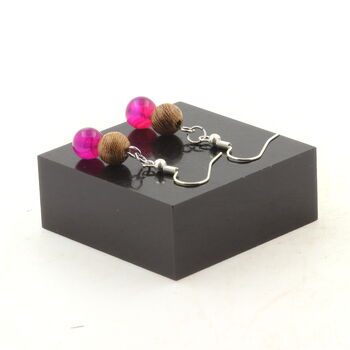 Stainless steel Earrings Pink banded Agate + wood 8 mm 2 Beads.