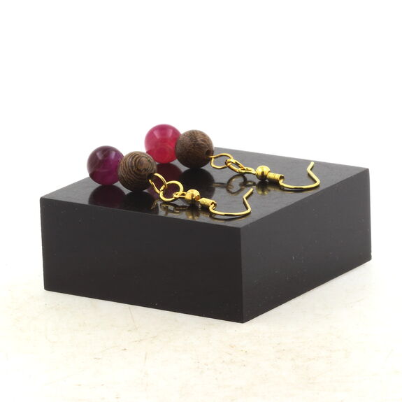 Golden Stainless steel Earrings Pink banded Agate + wood 8 mm 2 Beads.