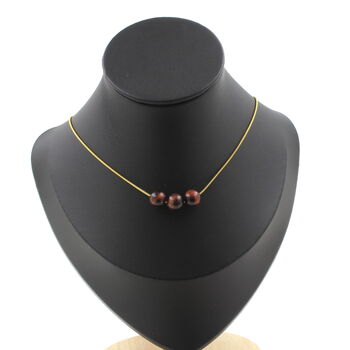 Red Tiger Eye 8 mm 3 beads necklace. Golden stainless steel chain