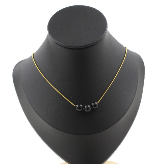 Black obsidian 8 mm 3 beads necklace. Golden stainless steel chain