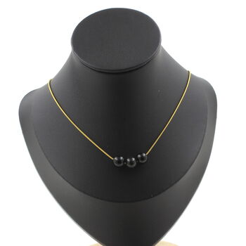 Black obsidian 8 mm 3 beads necklace. Golden stainless steel chain