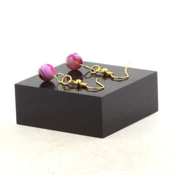Golden Stainless steel Earrings Pink banded Agate 8 mm 1 Bead.