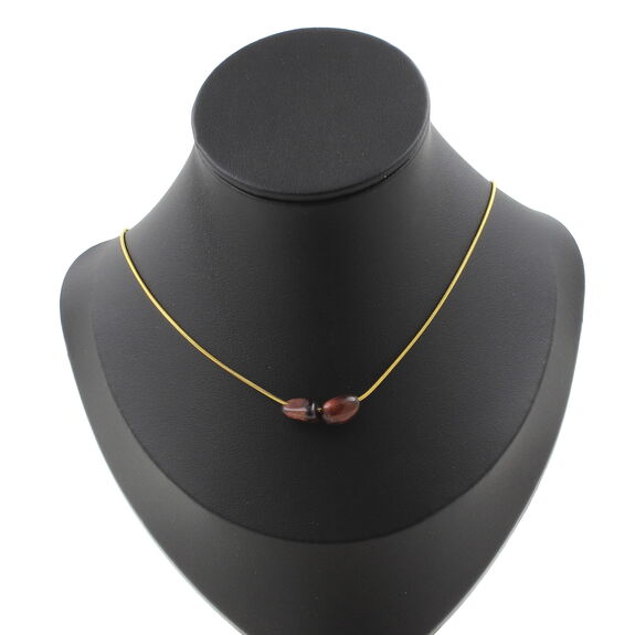 Red Tiger Eye from Brazil 2 beads necklace. Golden Stainless steel chain