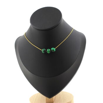 Green Tiger Eye 8 mm 3 beads necklace. Golden stainless steel chain