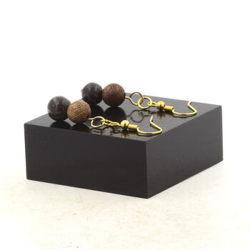 Golden Stainless steel Earrings Dragon's Blood Jasper + wood 8 mm 2 Beads.