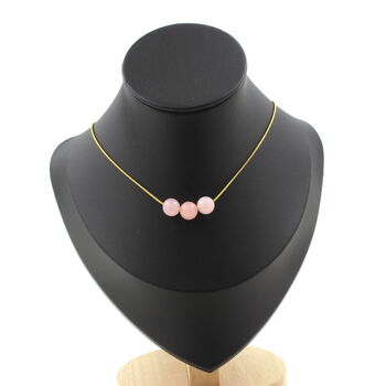 Pink opal 8 mm 3 beads necklace. Golden stainless steel chain