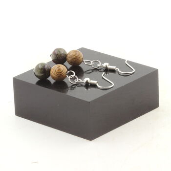 Boucles D'oreilles 2 Perles Jaspe sang de Dragon + bois 8 mm en acier inoxydable.