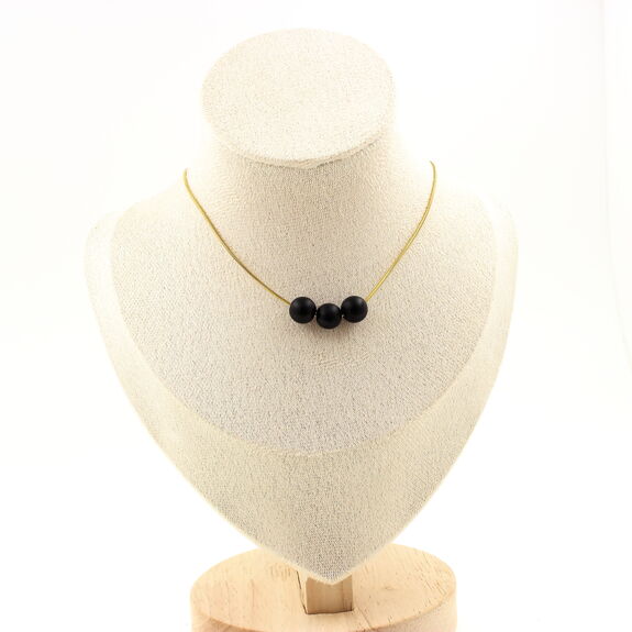 Matte black Onyx 8 mm 3 beads necklace. Golden stainless steel chain