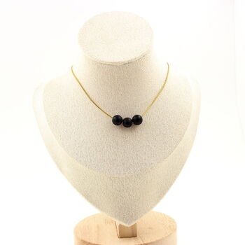 Matte black Onyx 8 mm 3 beads necklace. Golden stainless steel chain